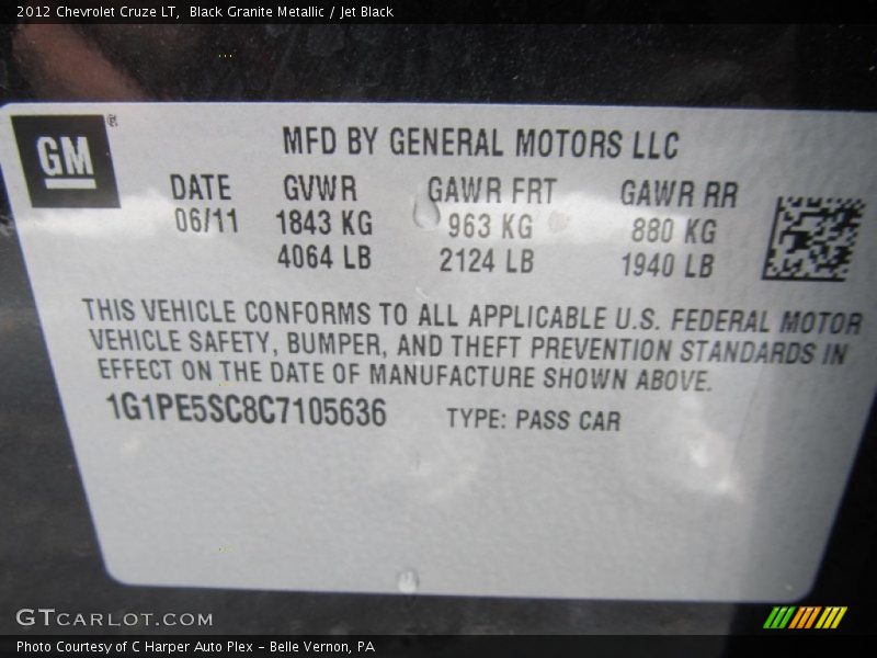 Black Granite Metallic / Jet Black 2012 Chevrolet Cruze LT