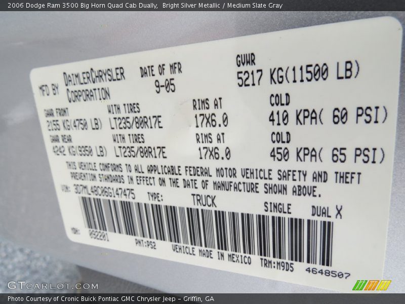 2006 Ram 3500 Big Horn Quad Cab Dually Bright Silver Metallic Color Code PS2