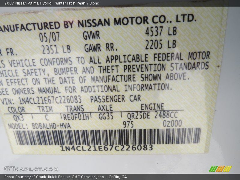 Winter Frost Pearl / Blond 2007 Nissan Altima Hybrid