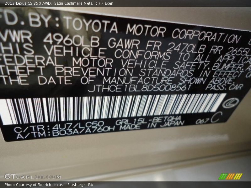 2013 GS 350 AWD Satin Cashmere Metallic Color Code 4U7