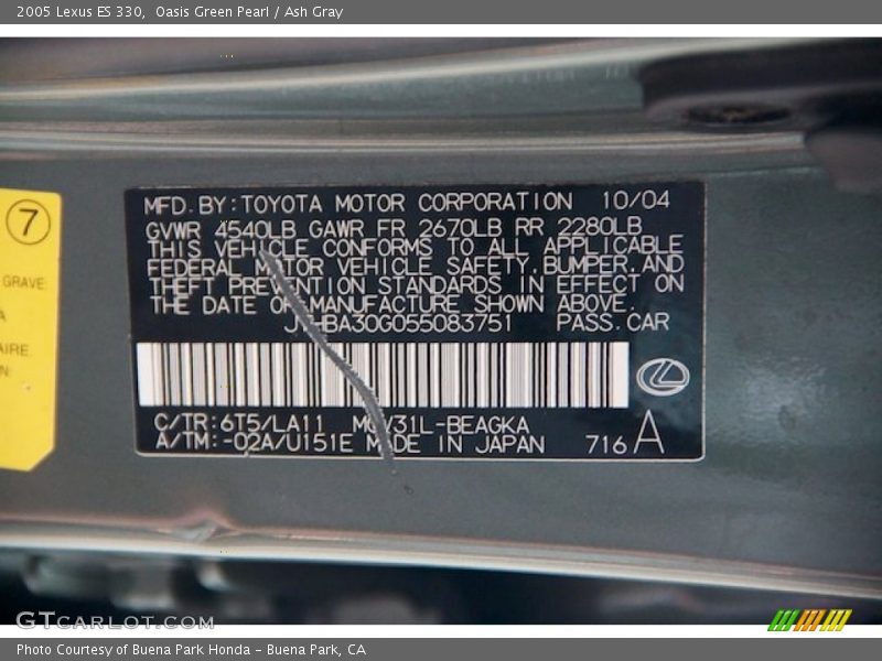 2005 ES 330 Oasis Green Pearl Color Code 6T5