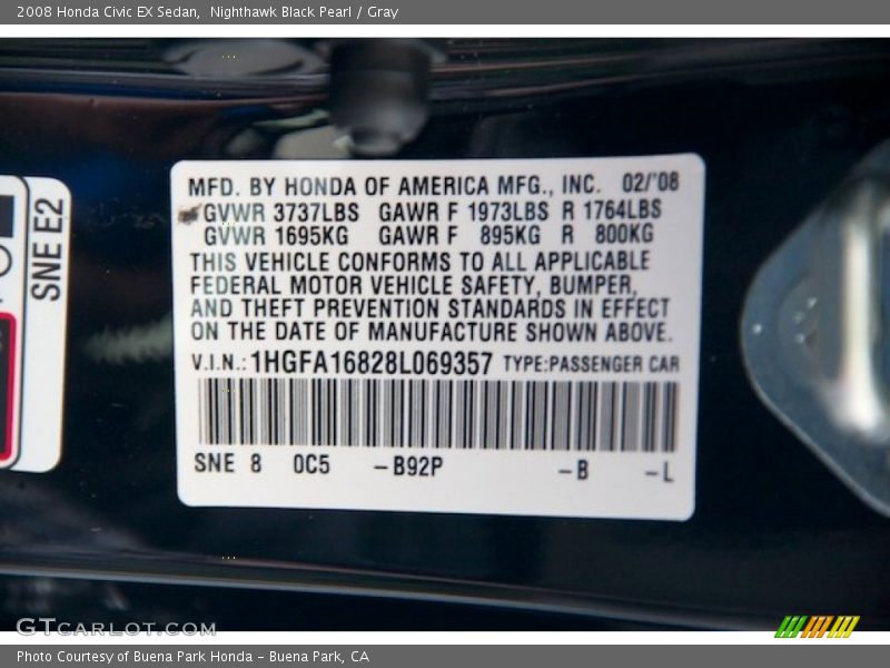 Nighthawk Black Pearl / Gray 2008 Honda Civic EX Sedan