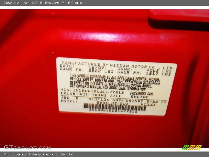 2008 Sentra SE-R Red Alert Color Code A20