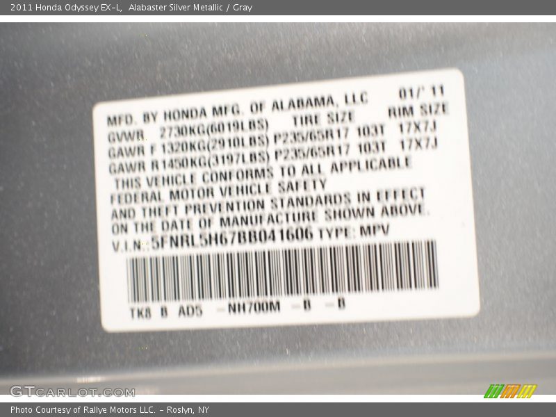 Alabaster Silver Metallic / Gray 2011 Honda Odyssey EX-L