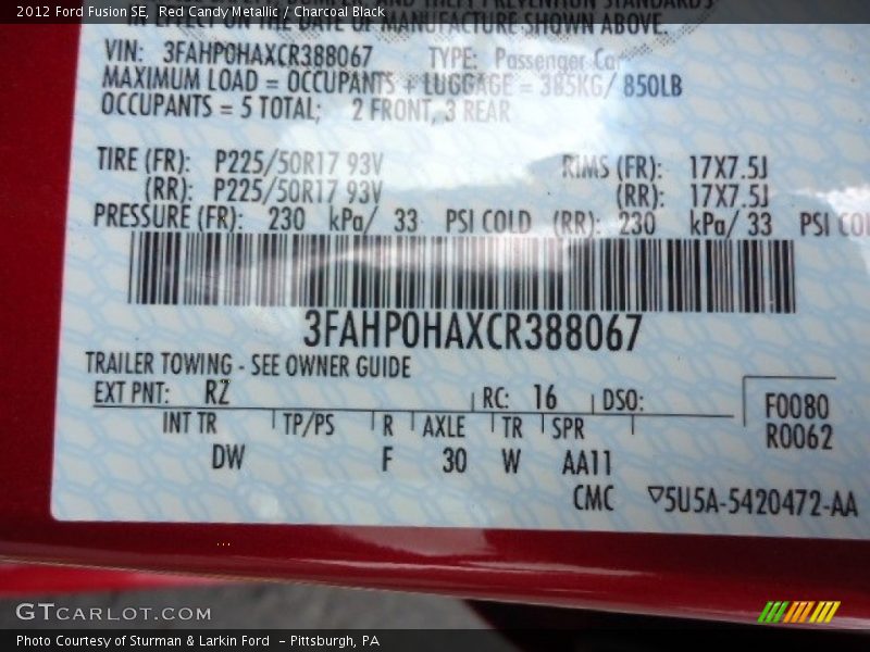 Red Candy Metallic / Charcoal Black 2012 Ford Fusion SE