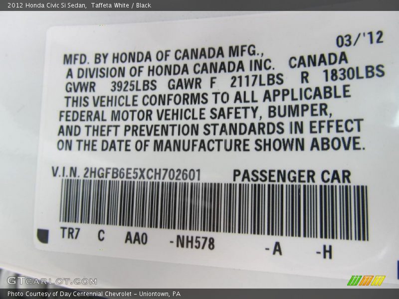 Taffeta White / Black 2012 Honda Civic Si Sedan