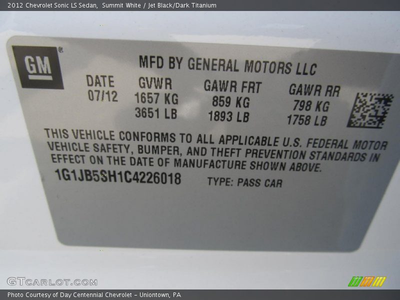 Summit White / Jet Black/Dark Titanium 2012 Chevrolet Sonic LS Sedan