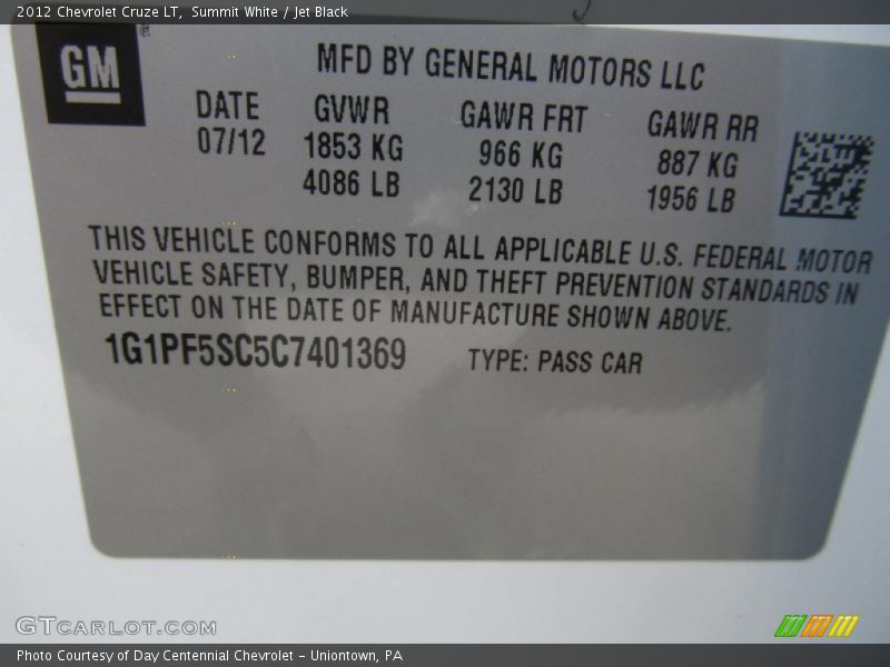 Summit White / Jet Black 2012 Chevrolet Cruze LT
