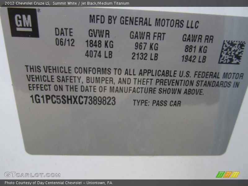 Summit White / Jet Black/Medium Titanium 2012 Chevrolet Cruze LS