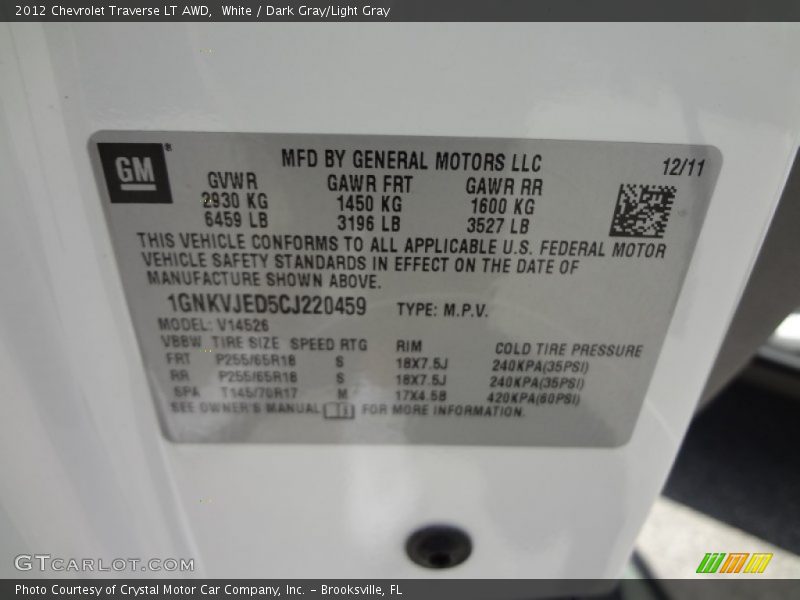White / Dark Gray/Light Gray 2012 Chevrolet Traverse LT AWD