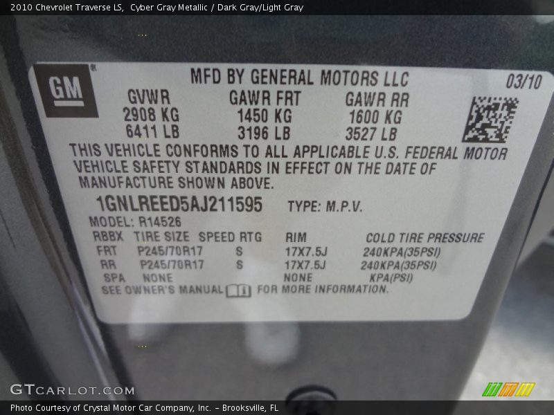 Cyber Gray Metallic / Dark Gray/Light Gray 2010 Chevrolet Traverse LS