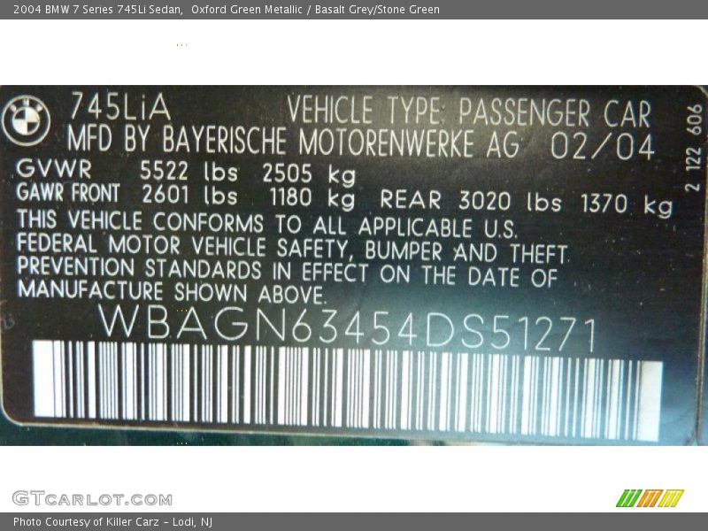 Oxford Green Metallic / Basalt Grey/Stone Green 2004 BMW 7 Series 745Li Sedan