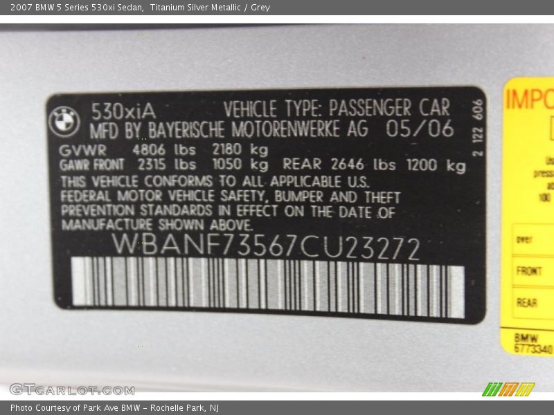 Titanium Silver Metallic / Grey 2007 BMW 5 Series 530xi Sedan