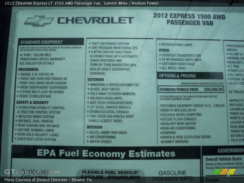  2012 Express LT 1500 AWD Passenger Van Window Sticker