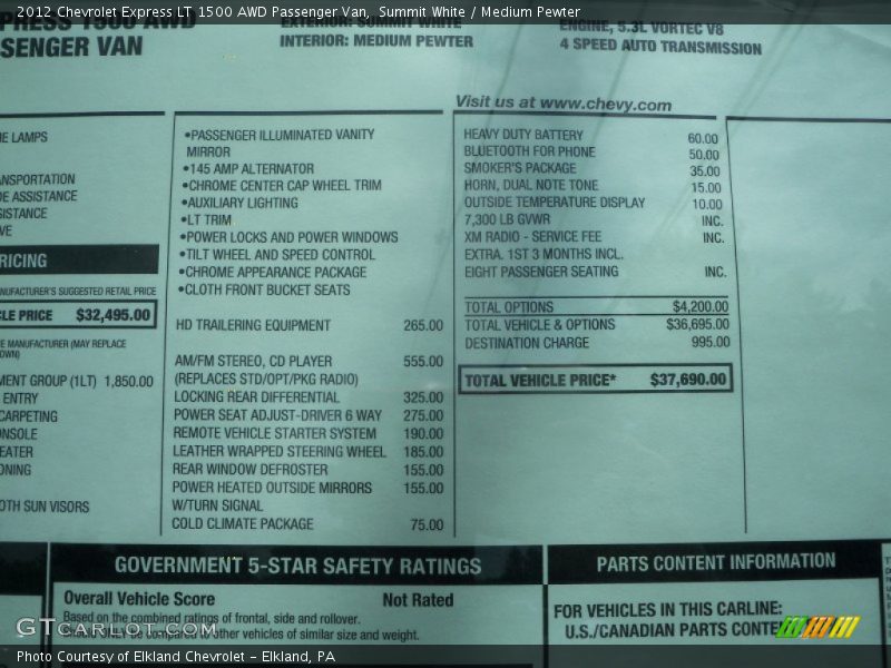  2012 Express LT 1500 AWD Passenger Van Window Sticker