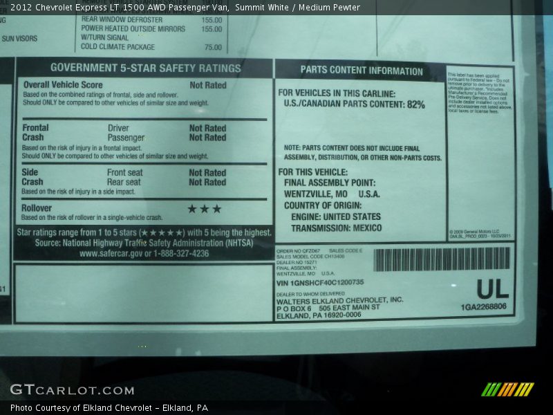  2012 Express LT 1500 AWD Passenger Van Window Sticker