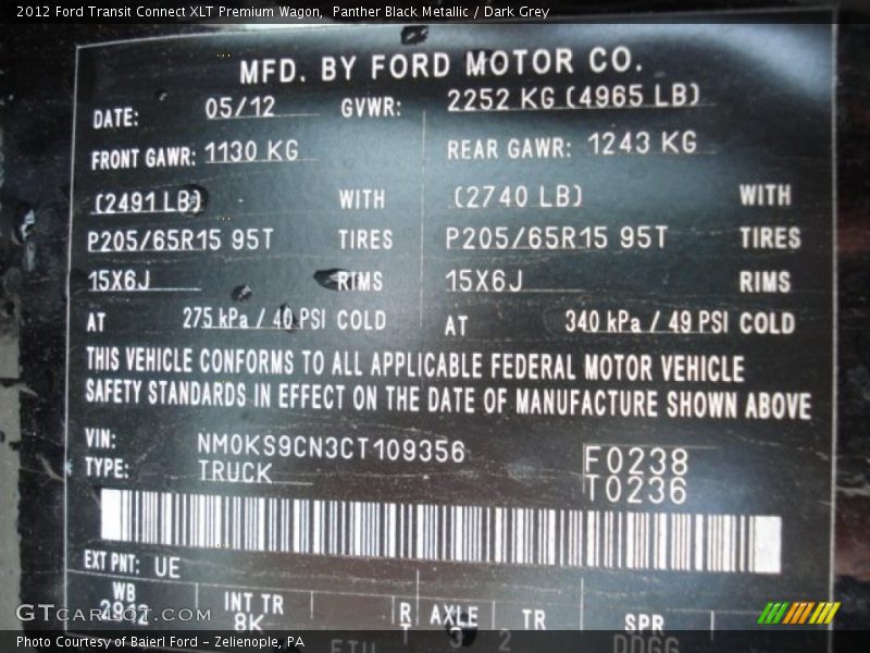 Panther Black Metallic / Dark Grey 2012 Ford Transit Connect XLT Premium Wagon
