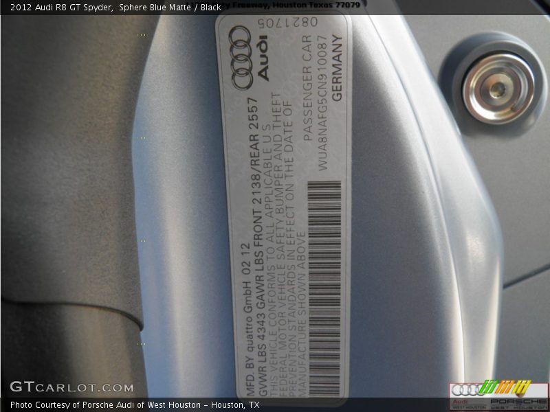 Sphere Blue Matte / Black 2012 Audi R8 GT Spyder