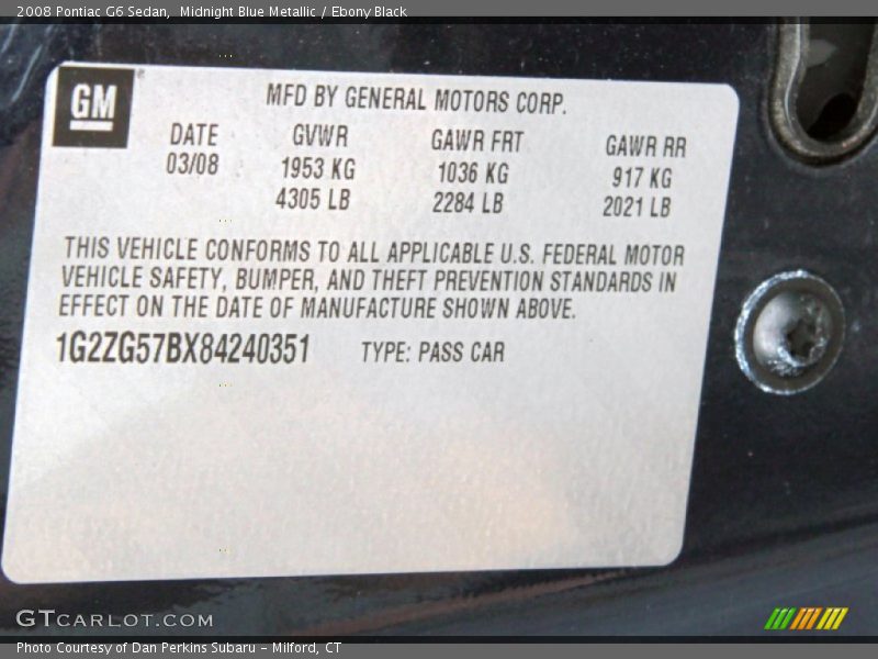 Midnight Blue Metallic / Ebony Black 2008 Pontiac G6 Sedan