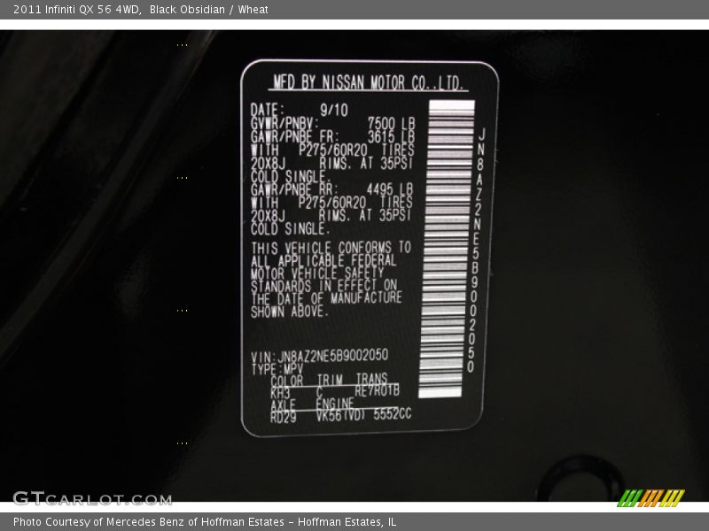 2011 QX 56 4WD Black Obsidian Color Code KH3