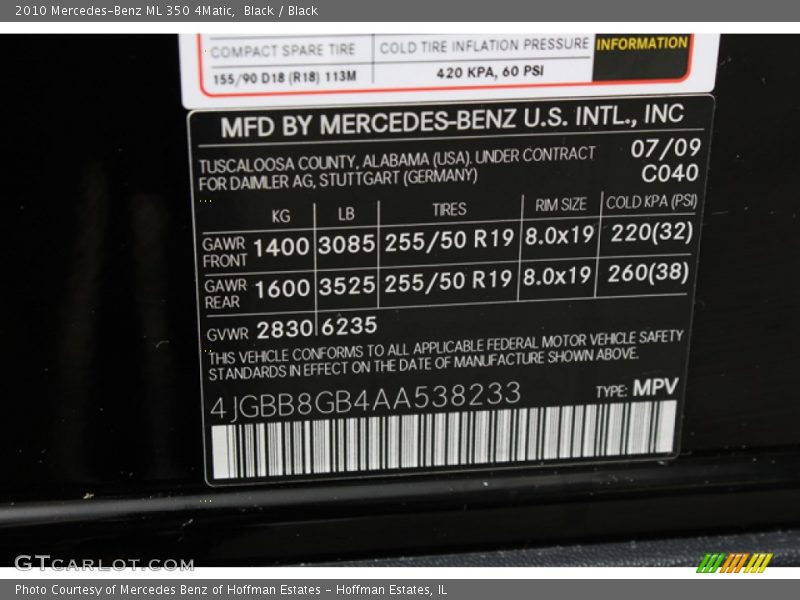 Black / Black 2010 Mercedes-Benz ML 350 4Matic