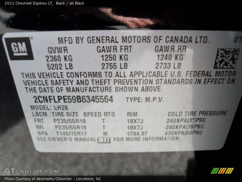 Black / Jet Black 2011 Chevrolet Equinox LT