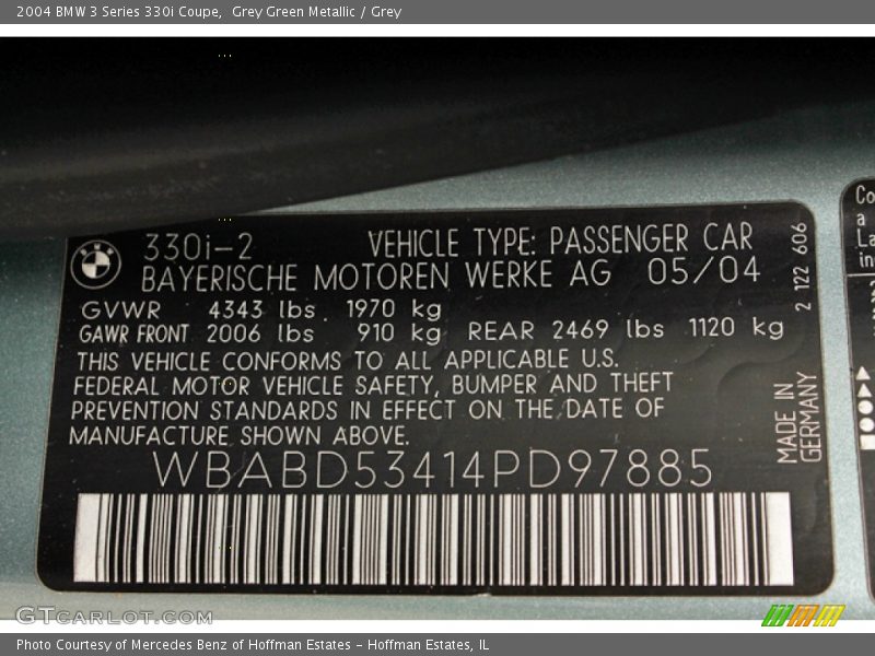 Info Tag of 2004 3 Series 330i Coupe