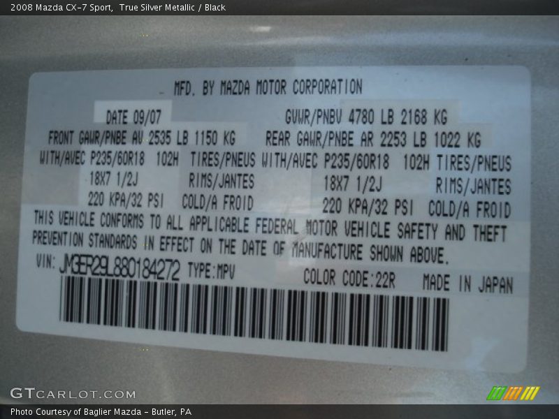 True Silver Metallic / Black 2008 Mazda CX-7 Sport