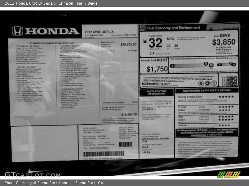 Crimson Pearl / Beige 2012 Honda Civic LX Sedan