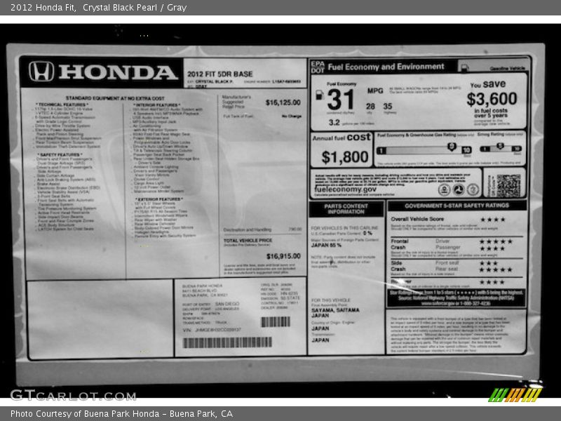 Crystal Black Pearl / Gray 2012 Honda Fit
