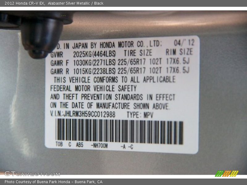 Alabaster Silver Metallic / Black 2012 Honda CR-V EX