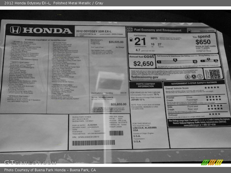 Polished Metal Metallic / Gray 2012 Honda Odyssey EX-L