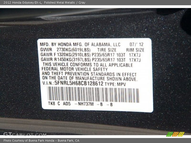 Polished Metal Metallic / Gray 2012 Honda Odyssey EX-L