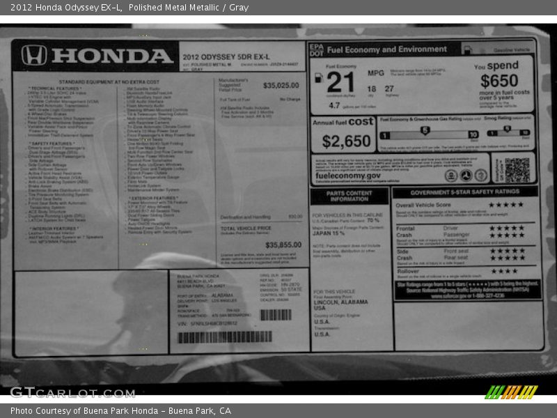 Polished Metal Metallic / Gray 2012 Honda Odyssey EX-L