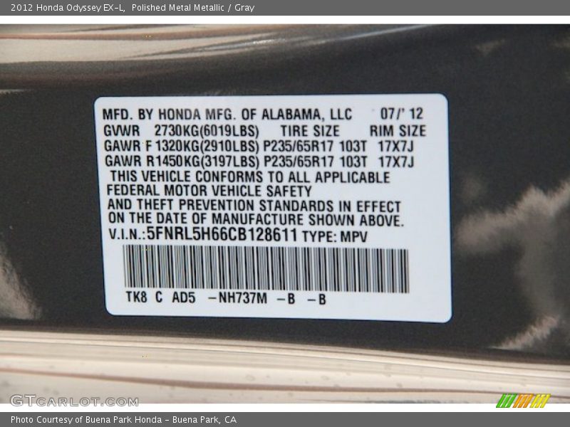 Polished Metal Metallic / Gray 2012 Honda Odyssey EX-L