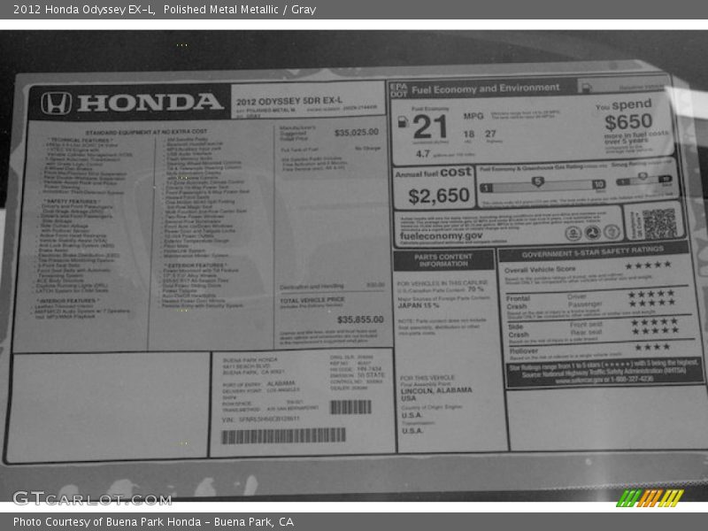 Polished Metal Metallic / Gray 2012 Honda Odyssey EX-L