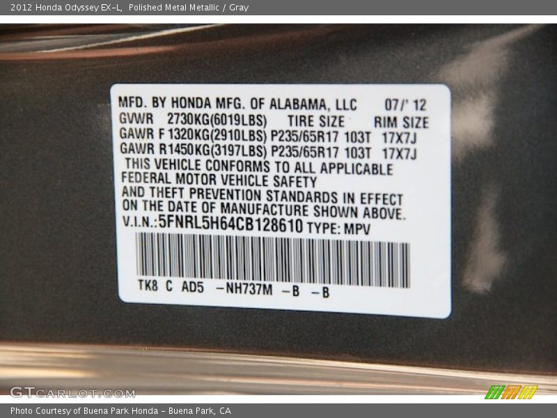 Polished Metal Metallic / Gray 2012 Honda Odyssey EX-L