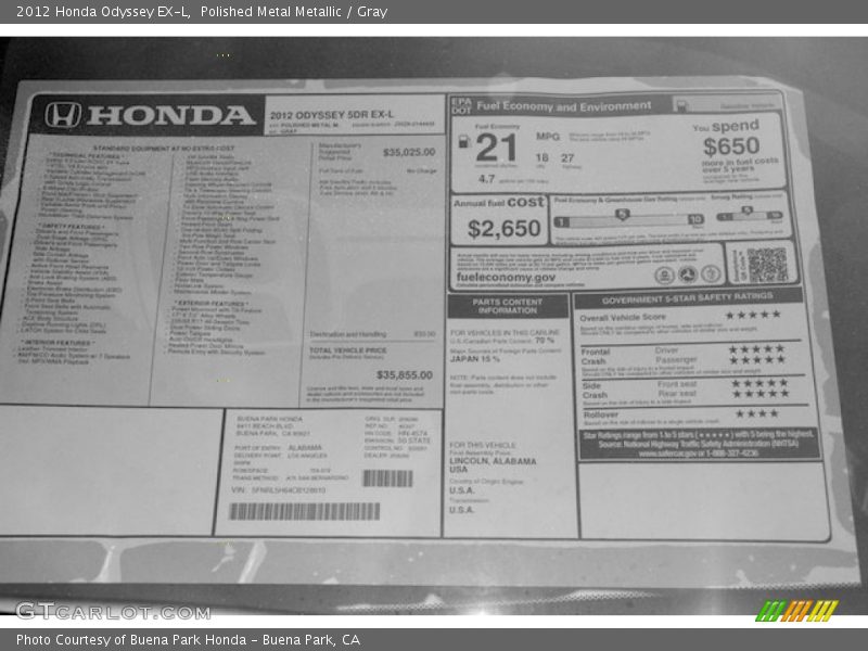 Polished Metal Metallic / Gray 2012 Honda Odyssey EX-L