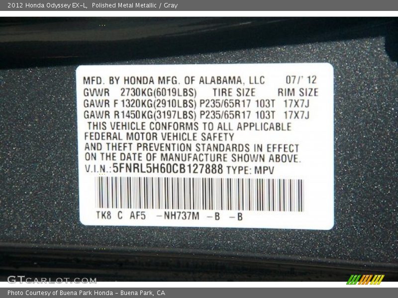Polished Metal Metallic / Gray 2012 Honda Odyssey EX-L