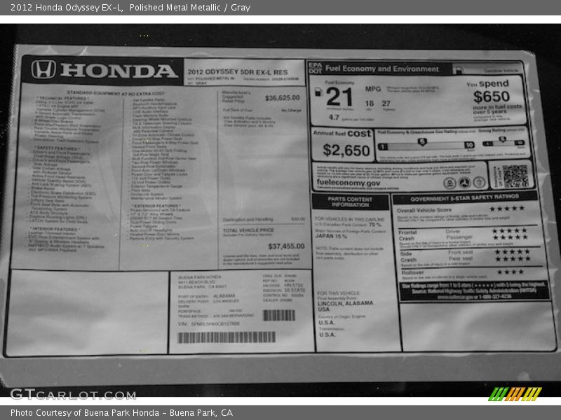 Polished Metal Metallic / Gray 2012 Honda Odyssey EX-L