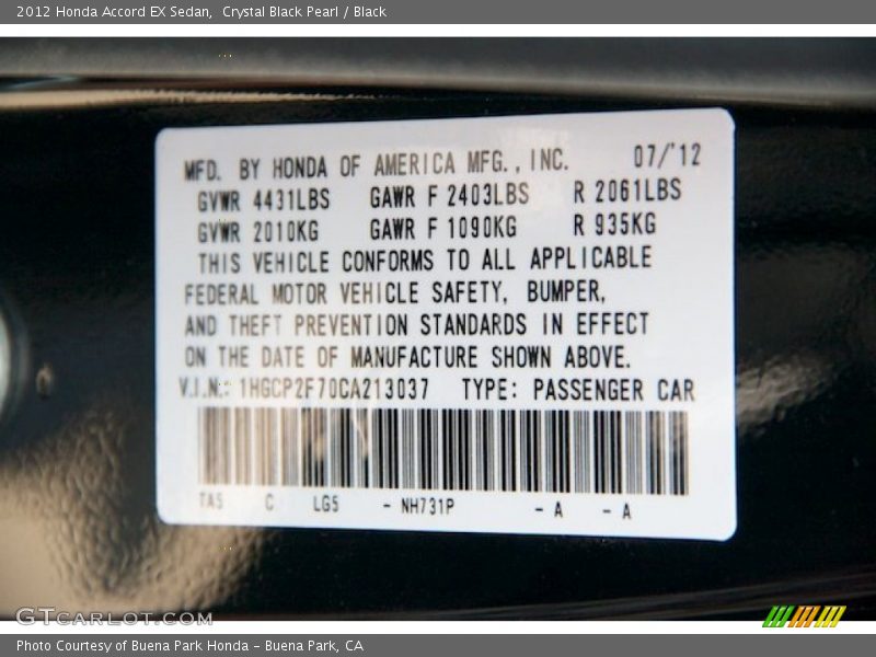 Crystal Black Pearl / Black 2012 Honda Accord EX Sedan