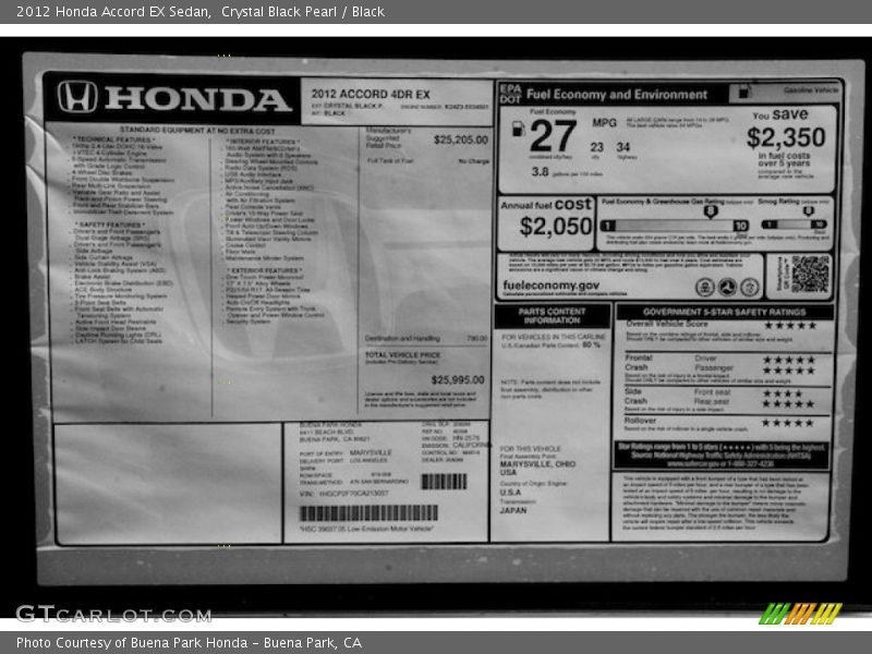 Crystal Black Pearl / Black 2012 Honda Accord EX Sedan