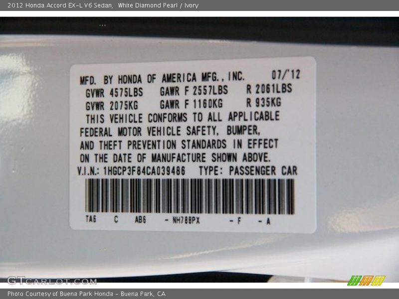 White Diamond Pearl / Ivory 2012 Honda Accord EX-L V6 Sedan