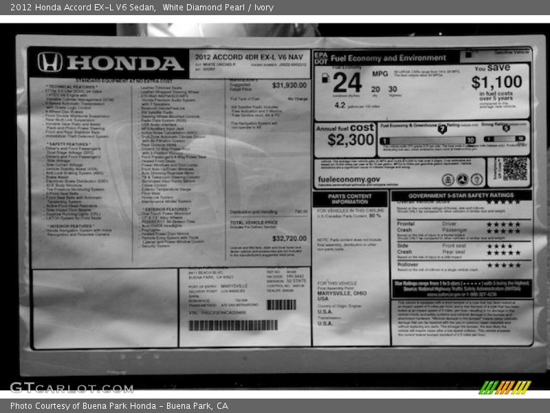 White Diamond Pearl / Ivory 2012 Honda Accord EX-L V6 Sedan