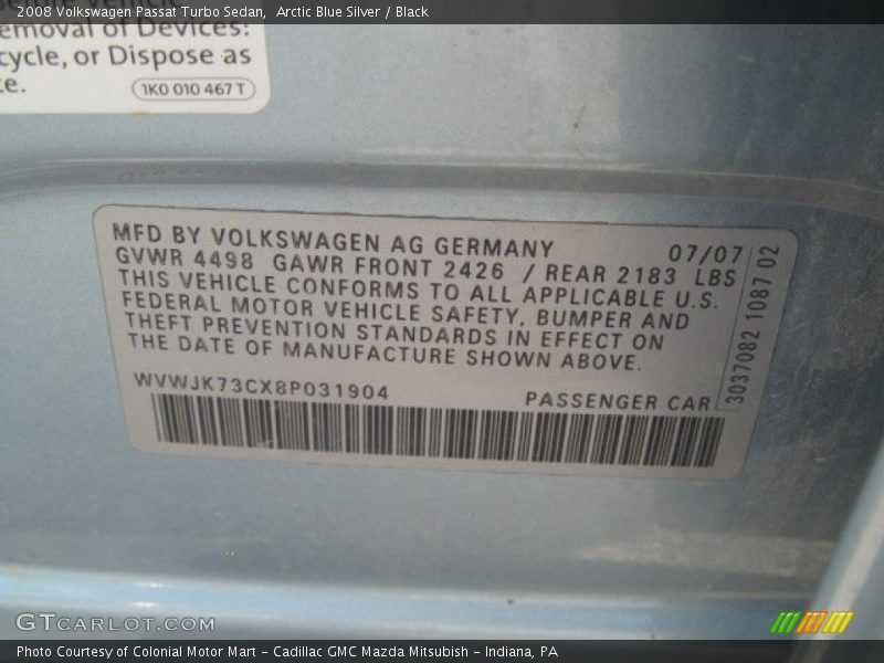 Info Tag of 2008 Passat Turbo Sedan