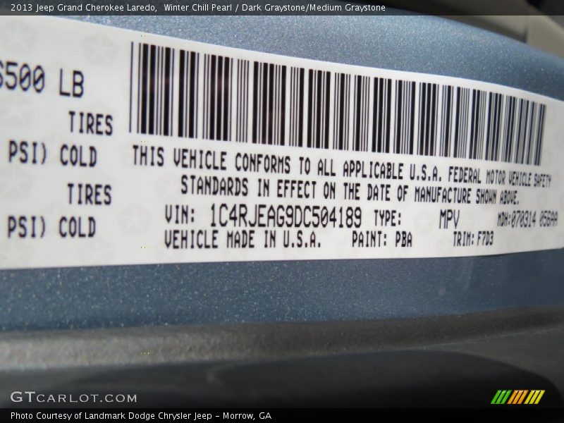 2013 Grand Cherokee Laredo Winter Chill Pearl Color Code PBA