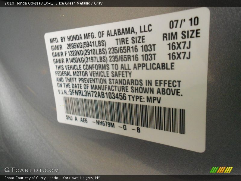 Slate Green Metallic / Gray 2010 Honda Odyssey EX-L