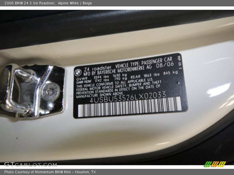 Alpine White / Beige 2006 BMW Z4 3.0si Roadster