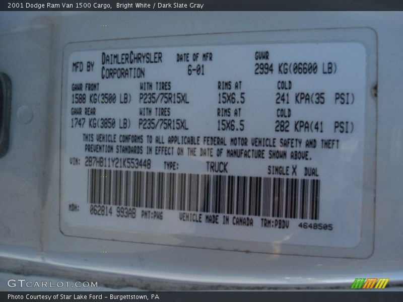 Bright White / Dark Slate Gray 2001 Dodge Ram Van 1500 Cargo