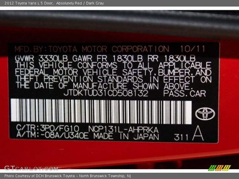Absolutely Red / Dark Gray 2012 Toyota Yaris L 5 Door